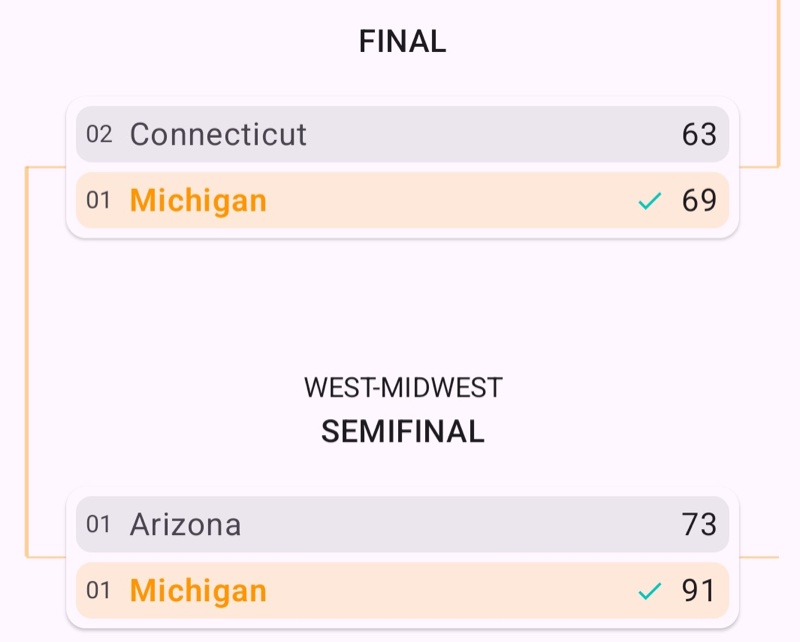 Bracket Genius archived Final Four bracket — Connecticut, Michigan, and Arizona with real scores and results