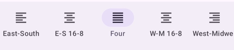 Bracket Genius bracket region tab bar — East-South, Four, West-Midwest